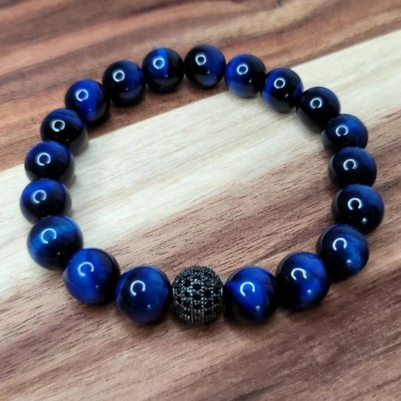 10mm Polished Dark Blue Tiger Eye Crystal Ball Stretch Bracelet - Picture 7 of 11